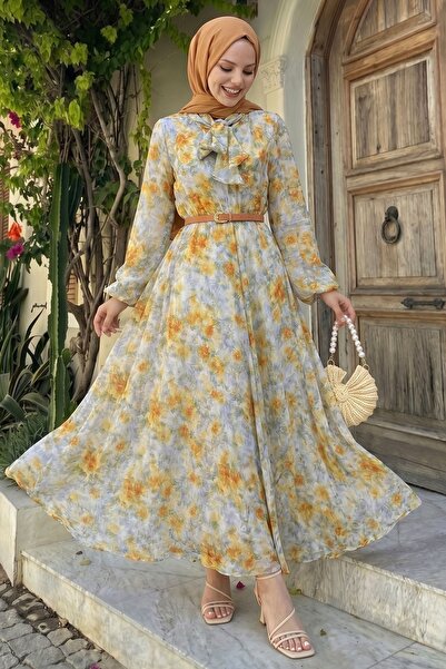 InStyle Φόρεμα από πορτοκαλί σιφόν με απαλό σχέδιο και ζώνη στο λαιμό