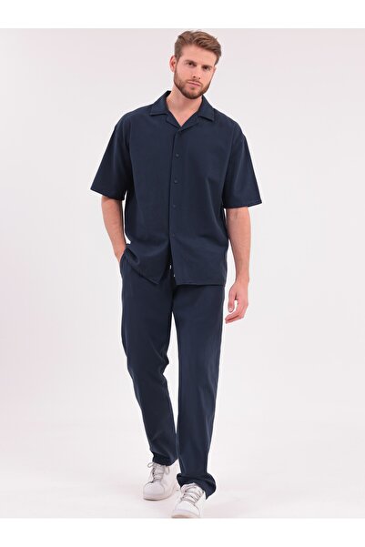 blayn jeans Ανδρικό σετ λινό σε σκούρο μπλε χρώμα, πουκάμισο και παντελόνι, σ...