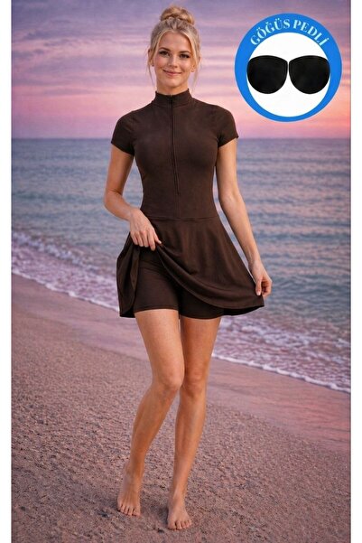 Maison La Femme Γυναικείο καφέ μαγιό με σορτς φούστα, με ενίσχυση στο στήθος,...