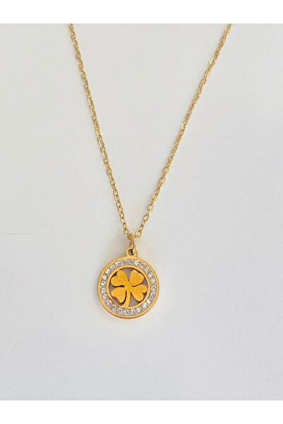 Ustaeller Round Steel Pendant with a Four-Leaf Clover Figure and Small Stones...
