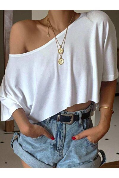 NoVibe Γυναικείο T-shirt Crop Boat Neck Oversize από 100% βαμβάκι