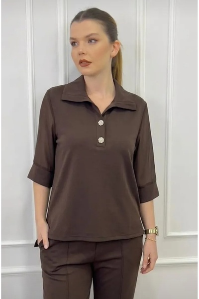 Te&Te Γυναικεία καφέ μπλούζα σιφόν με λαιμόκοψη πόλο και μανίκια