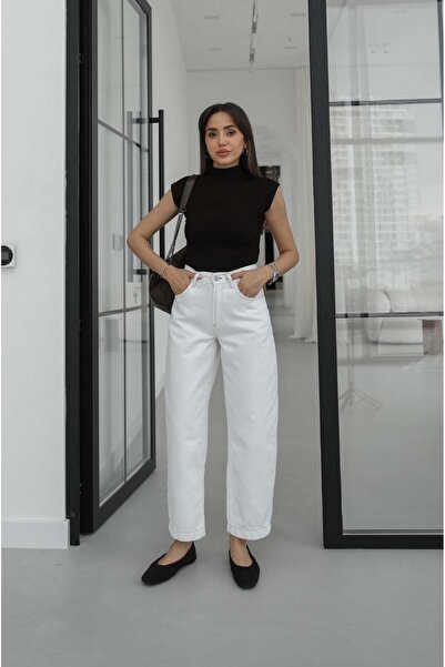 Havoş Ecru Stitching Detailed Belted Mom Jean