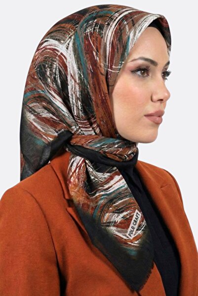 hadiora Women's Black Orange Abstract Patterned Flared Scarf