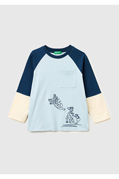 United Colors of Benetton Boys' Ice Blue Color Block Logo Label Contrast Coll...