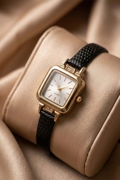 İnogge ساعة بونيت النسائية ذات هيكل مربع ذهبي |   ساعة يد فاخرة وأنيقة بتفاصيل كريستالية من الجلد الأسود من Old Money 2026