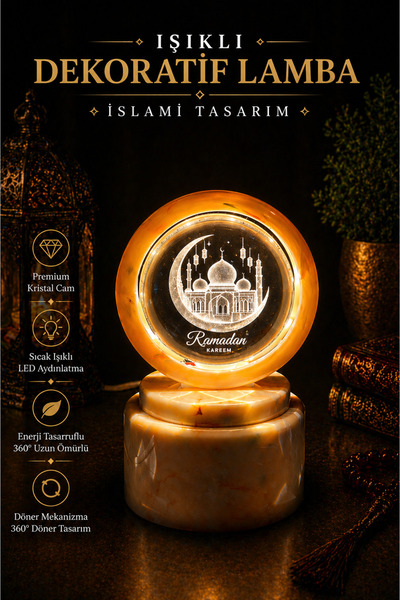İlkbenaldim Işıklı Dekoratif Kristal Küre Lamba – Ramadan Kareem İslami Tasar...