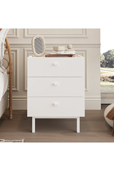 Robin Home Komodin 3 Çekmeceli Ahşap Ayaklı Beyaz