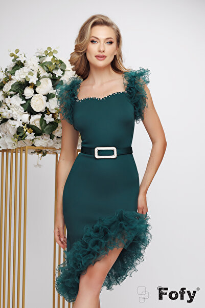 Fofy Rochie eleganta de ocazie din neopren verde cu volane spectaculoase si d...