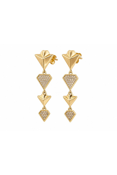 Zirkon Taşlı Gold Pirinç Üzerine Altın Kaplama Sallantılı Küpe
