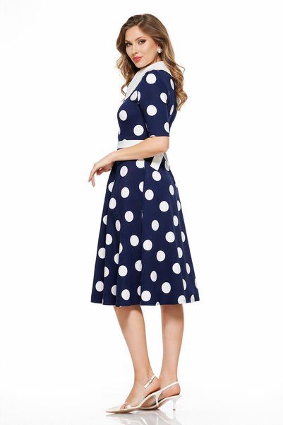 Fofy Rochie retro midi bleumarin cu buline mari albe și guler alb supradimensionat