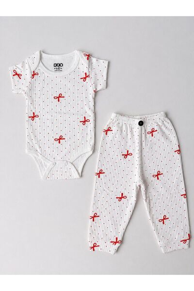 EFU BABY 2-Piece Bow Patterned Cotton Baby Girl Short Sleeve Bodysuit and Pan...