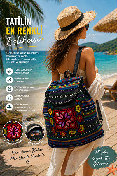 Munico Kilim Motifli Sırt Çantası Modern Yorum Dayanıklı Kumaş Seyahat ve Oku...