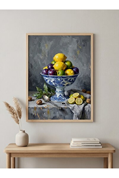 DEKORASOR Limon ve Meyve Temalı Mavi Beyaz Porselen Tablo - Modern Mutfak Ahş...