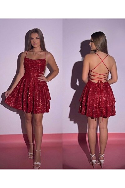 Lolipop Butik Tiana Simli Volanlı Sırtı İpli Bağlamalı Shine Elbise