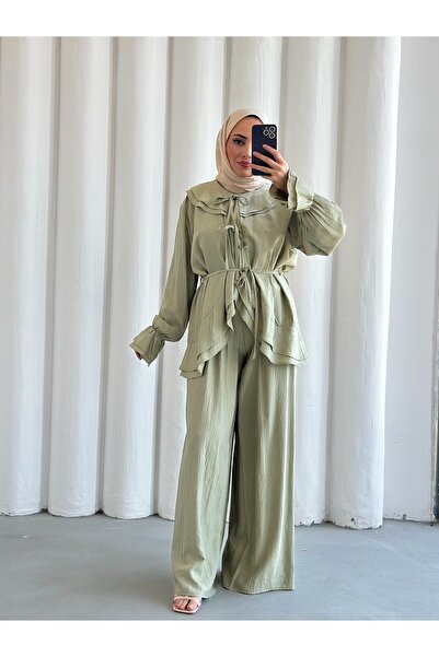 She Olive Çilek Kumaş Bağcıklı Tunik Pantolon Takım – Rahat Kesim, Günlük Şık...