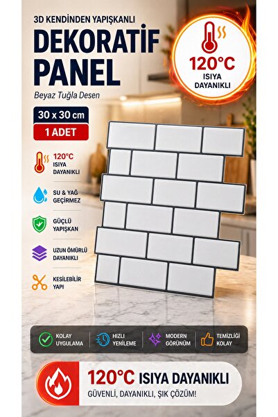 Örtücüm 3D Beyaz Tuğla Görünümlü Kendinden Yapışkanlı Duvar Paneli 30x30 cm |...