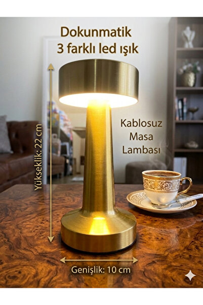 çınaroğlu avm Mantar Masa Lambası Gold 3 Renkli Kablosuz Şarjlı Dekoratif Aba...