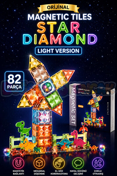 Doğan Oyuncak Dünyası Orijinal Magnetic Tiles Star Diamond Light Version 82 P...