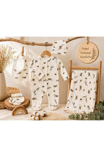 LUCKY Safari Hayvan Desenli Yenidoğan 5’li Set – Bataniye, Tulum, Eldiven, Şa...