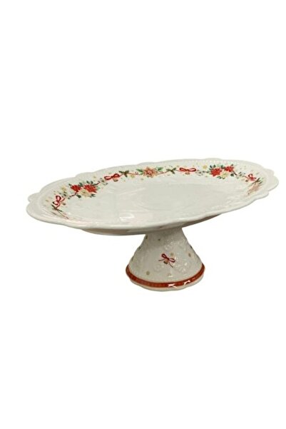 OEM Plate / Fruit Bowl with Foot, Ceramic, Festive Model, Oval 25x10 cm