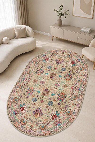 Serteks Valud Vintage Desen Oval Dokuma Taban Salon Oturma Odası Mutfak Antre...