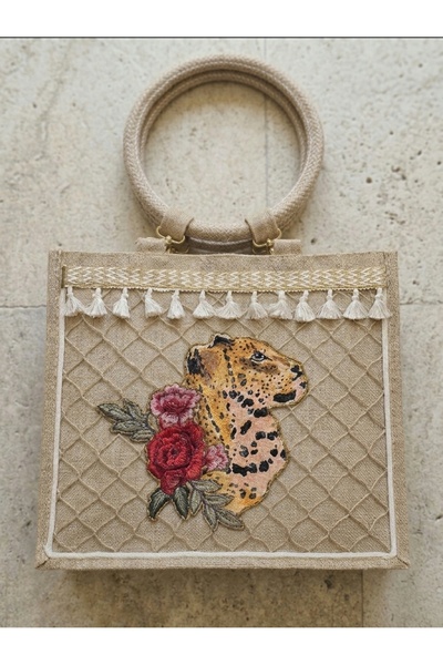 Senbeno Design EL BOYAMA LEOPAR VE NAKIŞ DETAYLI PÜSKÜLLÜ ÖZGÜN TASARIM JÜT P...