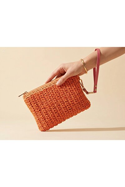 Meya design Women's Orange Hand-Knitted Paper String Zippered Portfolio Bag -...