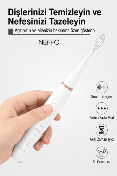 NEFFO Şarjlı Sonic Elektrikli Diş Fırçası Temizleyici Beyazlatıcı, 6 Mod, 3+1 Başlık, IPX7 Su Geçirmez, Ultra Güçlü