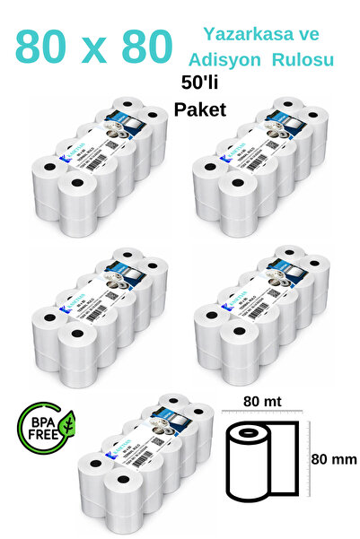 Kasetsan 80x80 Yazarkasa Pos Rulosu 50'li Paket Termal Adisyon Kağıdı