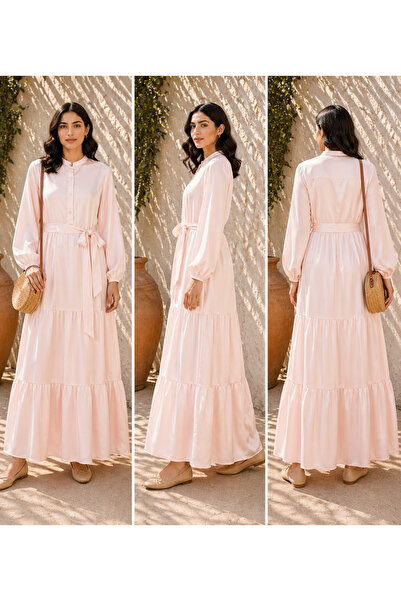 LINELLE Solid Light Pink Tiered Casual Dress