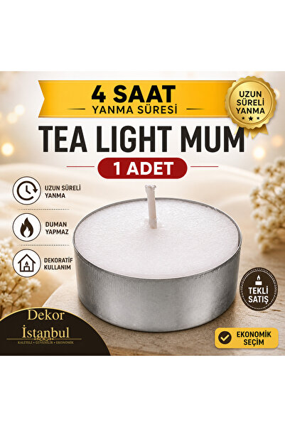 Dekor İstanbul 1 Adet 4 Saat Yanma Süreli Tea Light Mum Beyaz Yuvarlak Dekora...