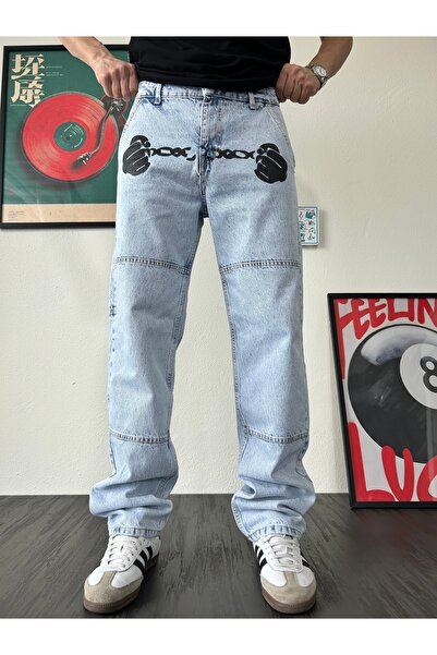 Buz Mavi Tasarım Baskılı Baggy Jean
