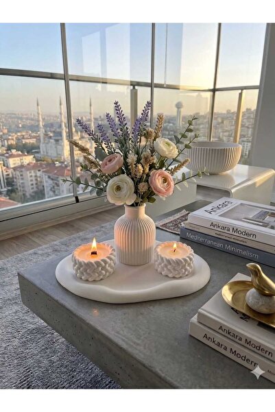 SCA CANDLE Dekoratif bulut tepsi+2 adet burgu mumluk+vazo 4 parça P