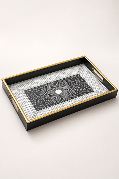 Sudedi Home Black Gold Edged Decorative Serving Tray with Patterned Handles 3...