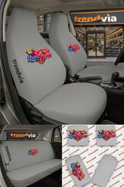 trivexa Prince & Princess Logo Car Seat Cover Front and Rear Set – Combed Cot...