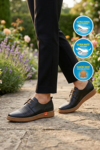 AYAKMOD Black Genuine Leather Lightweight Flexible Women's Casual Shoes 2087 Z
