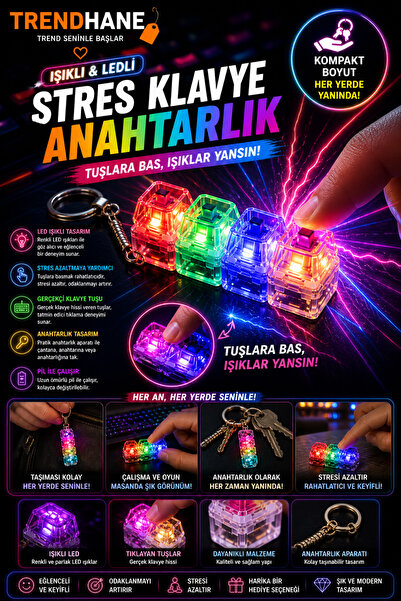 Trendhane Işıklı Mekanik Klavye Tuşlu Stres Anahtarlığı RGB Işıklı