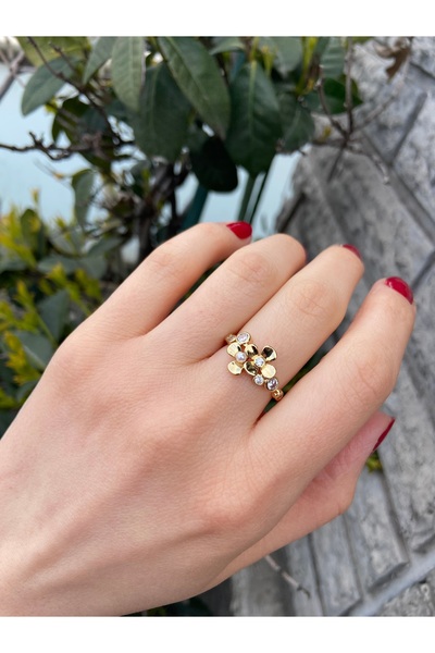 Anetta Jewelry Kadın altın renk incili çiçek model ayarlanabilir Çelik yüzük
