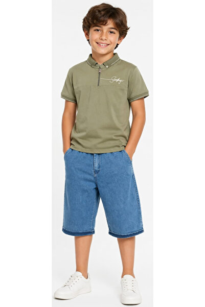 İrem Çocuk Giyim Boy's Polo Collar T-Shirt with Zipper Closure and Writing on...