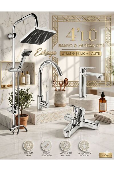ESHOME 4’lü Banyo Duş Seti Robot Batarya Lavabo Musluk Krom Parlak Modern Ban...