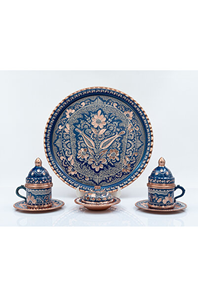ERİZA Special Presentation Set with 4 Cups, Tray, and Turkish Coffee Cups, Handcrafted Copper Coffee Set