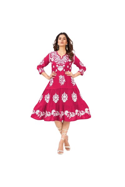 MYSMAR Pink Rayon Lakhnavi Work Frill Midi Dress - PMM14581 | Pink