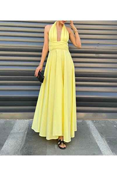 Dilek Vardar Yellow Halter Neck Back Tie Low Cut Long Dress