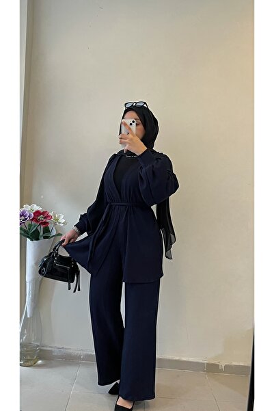 DİLEKBUTİK Lacivert bürümcük kimono pantolon takım