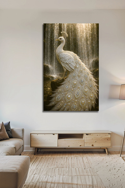 Parıltı Yayınları Modern Beyaz Tavus Kuşu Temalı Lüks Dekoratif Cam Tablo Şık...