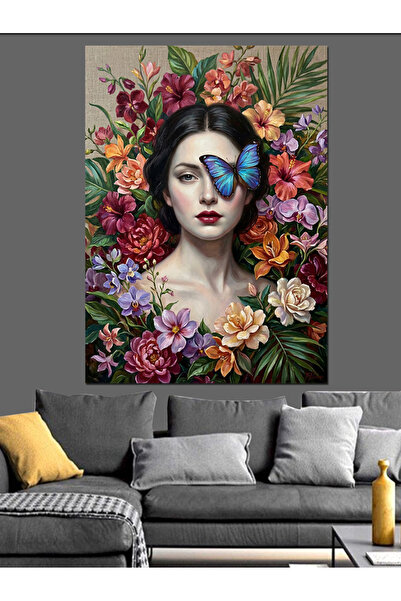 Artmeg Pânză decorativă cu fața unei femei, cu fluturi și flori - Tablou din ...