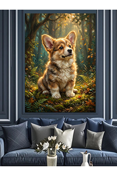 Artmeg Câine Corgi drăguț așezat în pădure, tablou decorativ din pânză - Tabl...