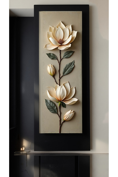 HDART Premium Magnolia Yeşil Yapraklı Çiçek Kanvas Tablo Kabartma Görünüm – P...