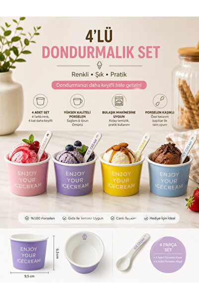 SERRA HOME 4'lü Dondurma Kasesi Porselen Kaşıklı Dondurmalık